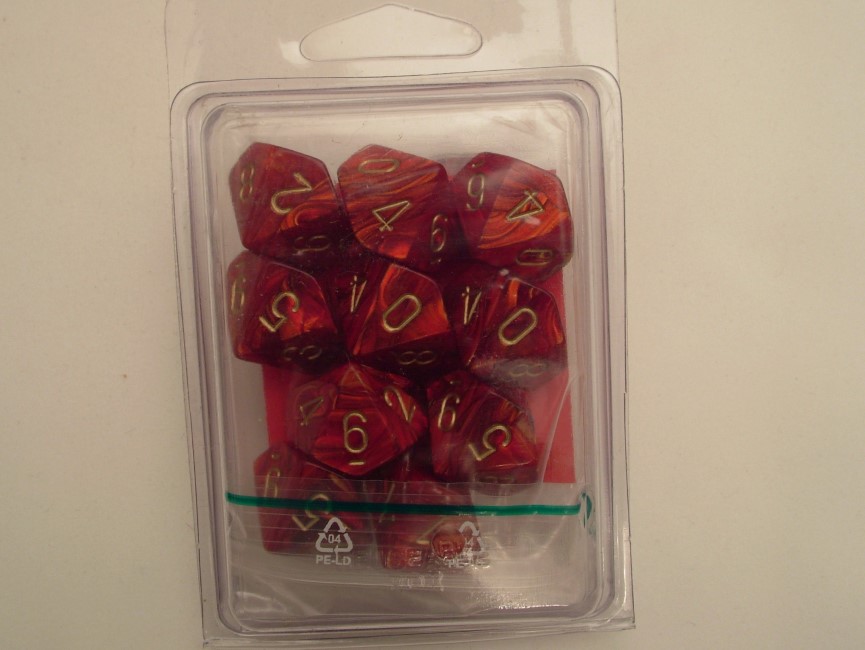 Chessex 10 x D10 Dice Set - Scarab Scarlet/gold