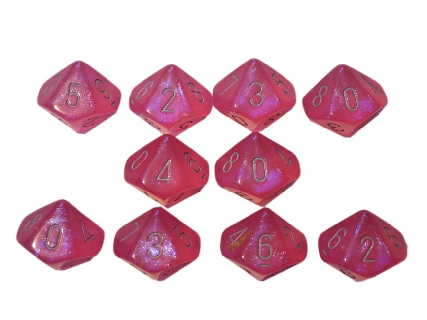 Chessex 10 x D10 Dice Set - Borealis Luminary Pink / silver